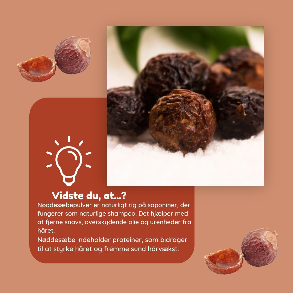 Øko nøddesæbe - pulver| Naturlig vegansk shampoo til skånsom hårvask 100g - Naturelle.dk