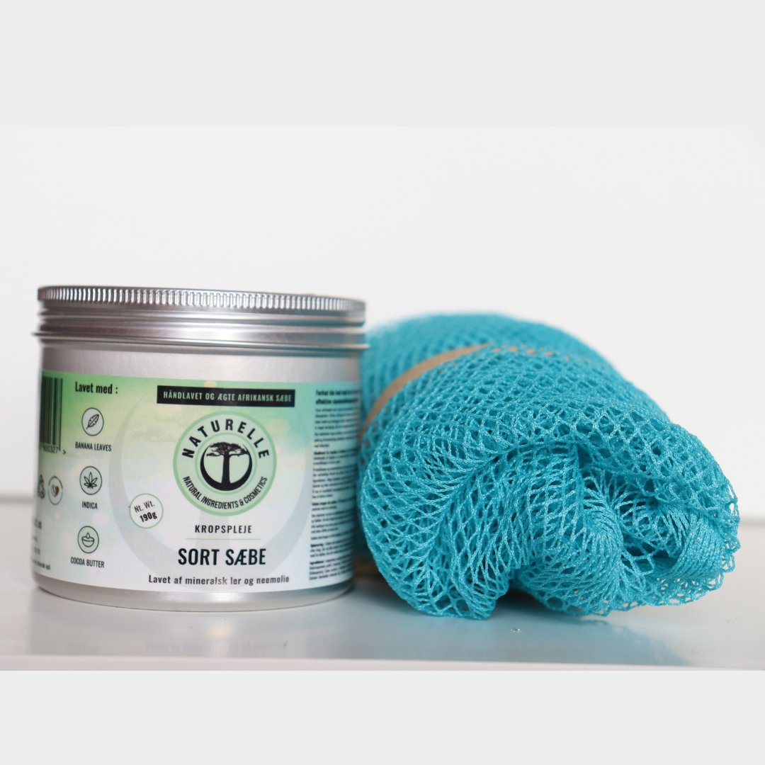1 stk. sort sæbe til kropspleje + netsvamp i nylon og bomuld - øko & vegan 190g - Naturelle.dk