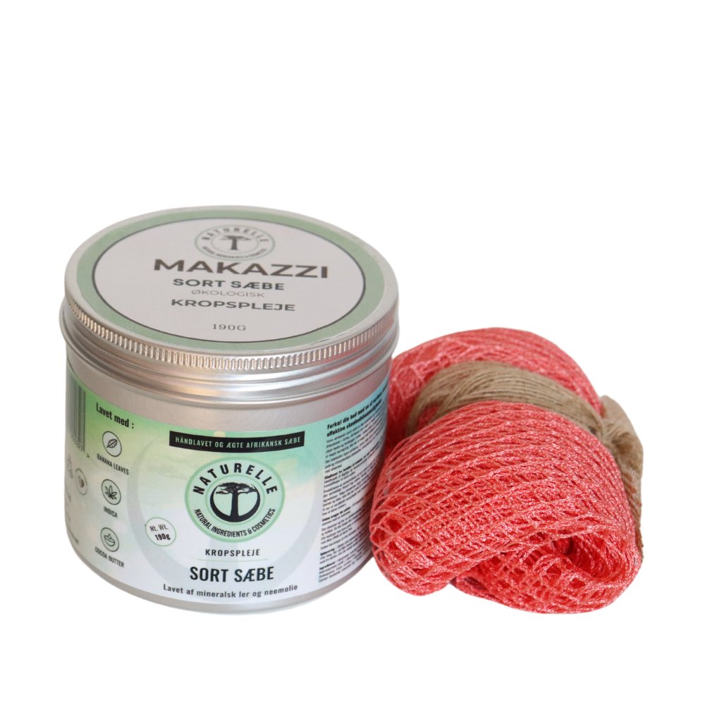 1 stk. sort sæbe til kropspleje + netsvamp i nylon og bomuld - øko & vegan 190g - Naturelle.dk