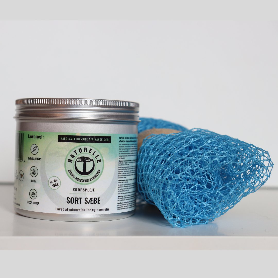 1 stk. sort sæbe til kropspleje + netsvamp i nylon og bomuld - øko & vegan 190g - Naturelle.dk